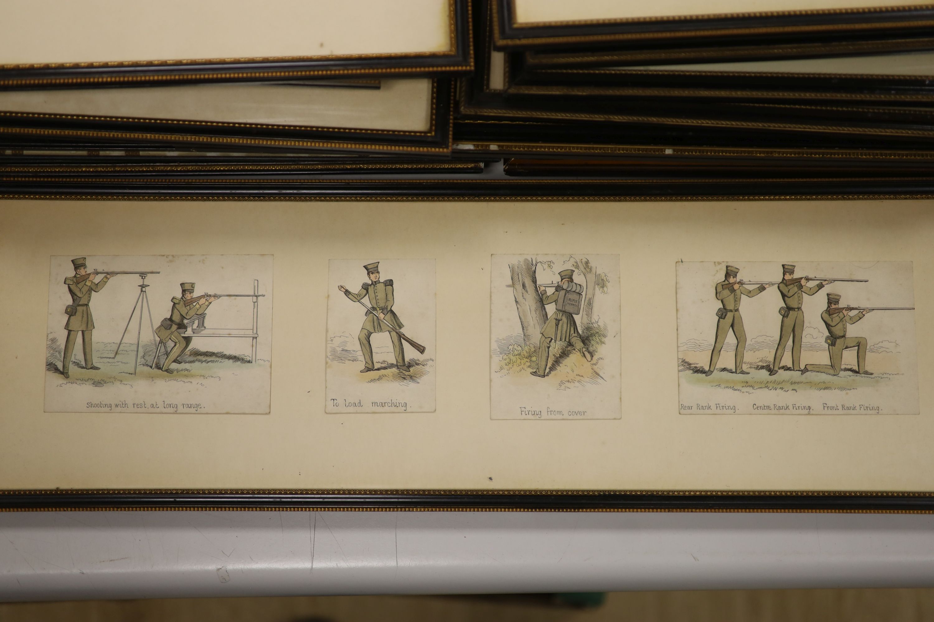 A collection of seventeen assorted 19th century Military paintings and prints including Murray Urquhart (1880-1972) study of a Rifleman, dated 1934, 26 x 12.5cm